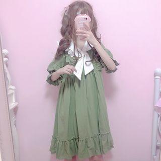 Elbow-sleeve Tie-neck Mini A-line Dress