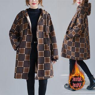 Plaid Hooded Zip-up Coat Plaid - Brown - One Size