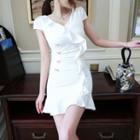 Ruffle Trim Short-sleeve Button Mini Bodycon Dress