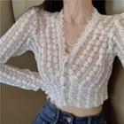 Long-sleeve V-neck Lace Button-up Crop Top