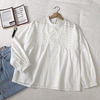 Plain Crewneck Long-sleeve Blouse White - One Size