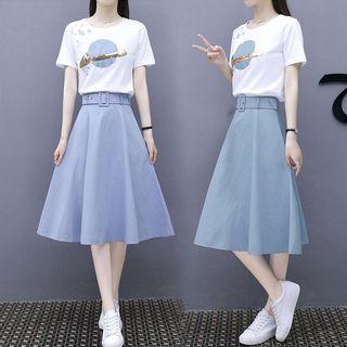 Set: Planet Print T-shirt + Midi Skirt