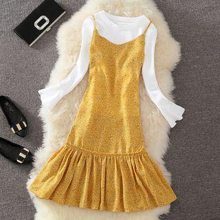 Plain Long Sleeve T-shirt / Printed Spaghetti Strap Dress