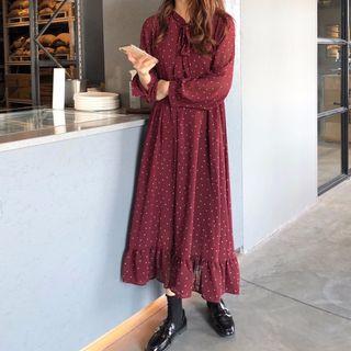 Long-sleeve Midi Dotted A-line Dress