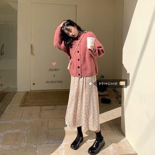 Plain Cardigan / Floral Midi A-line Skirt