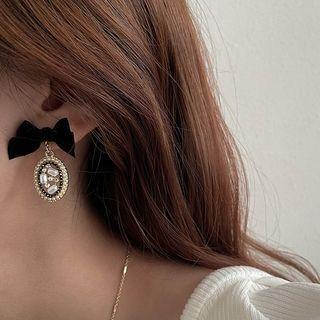 Retro Bow Fabric Faux Pearl Dangle Earring 1 Pair - Silver Stud - Black - One Size