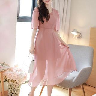 Round-neck Tie-waist Midi Chiffon Dress