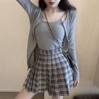 Knit Camisole Top / Plain Cardigan / Plaid A-line Skirt / Set