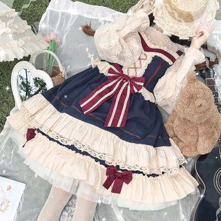 Lantern-sleeve Blouse / Ribbon A-line Overall Dress