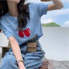 Short-sleeve Cherry Print Knit Crop Top