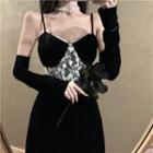 Set: Sleeveless Lace Velvet Slim-fit Dress + Arm Sleeves