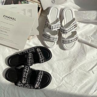 Tweed-panel Double-strap Sandals