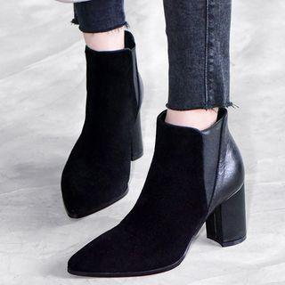 Genuine Leather Pointed Toe Block Heel Chelsea Boots