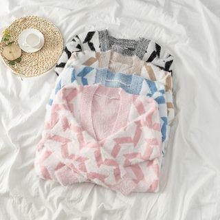 V-neck Print Loose-fit Cardigan