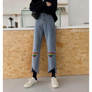 Heart Embroidered Straight-cut Copped Jeans