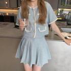 Set: Faux Pearl Button Short-sleeve Jacket + Pleated Mini A-line Skirt