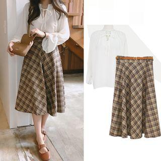 Tie Neck Blouse / Plaid A-line Midi Skirt