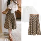 Tie Neck Blouse / Plaid A-line Midi Skirt