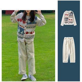 Set Of 2: Pattern Cardigan + Wide-leg Pants