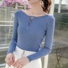 Lace-up Front Long Sleeve Ribbed Knit Top