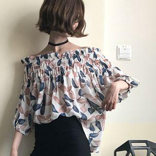 Leaf Print Off Shoulder 3/4 Sleeve Top