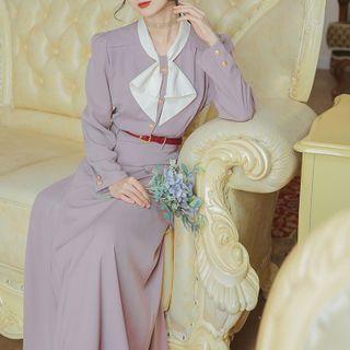 Set: Long-sleeve Ribbon Accent Shirt + Maxi Straight Fit Skirt