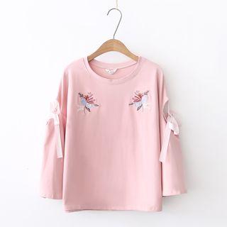 Flower Embroidered Cutout 3/4-sleeve T-shirt