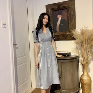 V-neck Satin Single-breasted Short-sleeve Dress