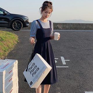 Short Sleeve Two Tone Mock Two Piece Dress