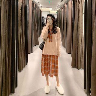 Contrast Trim Sweater / Plaid Long-sleeve Midi Shift Dress / Set