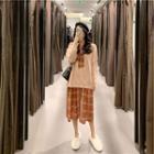 Contrast Trim Sweater / Plaid Long-sleeve Midi Shift Dress / Set
