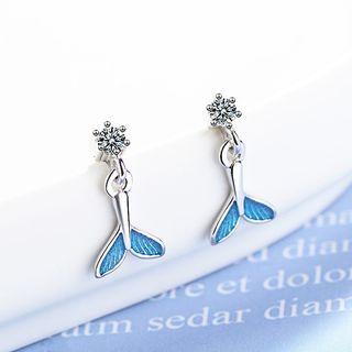 Rhinestone Whale Tail Dangle Earring Copper White Gold Plating - One Size