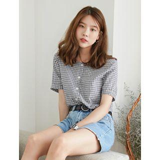 Square-neck Puff-sleeve Plaid Blouse