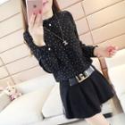 Long-sleeve Frilled-trim Dotted Blouse