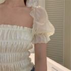 Organza Puff-sleeve Shirred Cropped Blouse