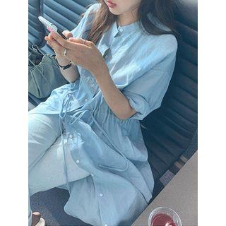Mandarin-collar Drawstring-waist Linen Shirtdress