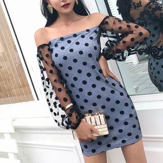 Long-sleeve Off Shoulder Dotted Mini Sheath Dress