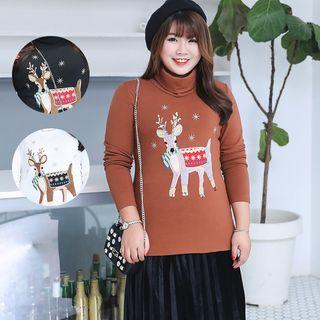 Sequined Deer Long-sleeve Turtleneck T-shirt