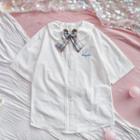 Bear Embroidered Short-sleeve Shirt With Tie - White - One Size