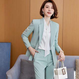 Plain Blazer / Tie-neck Blouse / Pencil Skirt / Dress Pants / Set