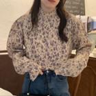 Mock-neck Floral Print Blouse White - One Size