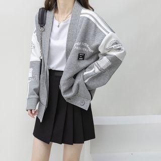 Long-sleeve V-neck Color-block Lettering Jacket