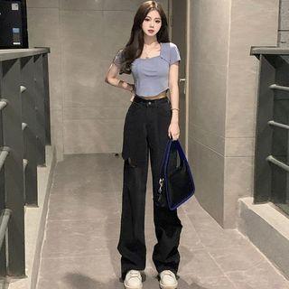 Short-sleeve Square Neck Plain Crop Top / Regular Waist Distressed Loose-fit Jeans