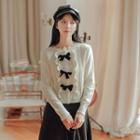 Long-sleeve Bow-accent Frill Trim Knit Top White - One Size