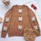 Bow Bear Print Knit Top Coffee - One Size