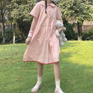 Collared Short-sleeve Shift Dress Pink - One Size