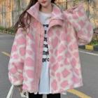 Leopard Print Fleece Padded Jacket Pink Leopard - Beige - One Size