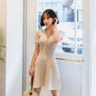 Open-placket Flared Rib-knit Dress