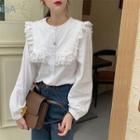 Long-sleeve Lace Panel Plain Blouse As Shown In Figure - One Size