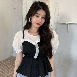 Puff-sleeve Mock Two-piece Two-tone Blouse Black & White - One Size
